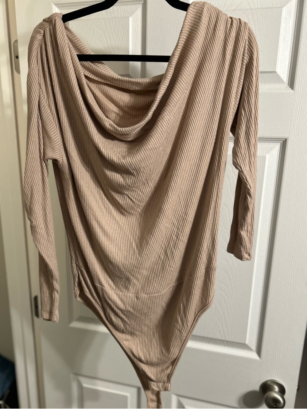 Fashion Nova Beige Ribbed Draped Neck Bodysuit